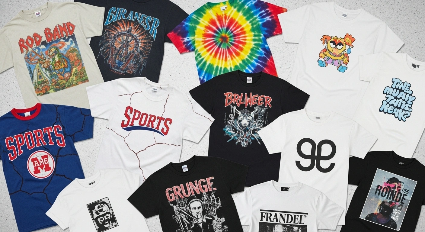 Evolution of t-shirt designs showing vintage band tees, sports logos, and modern graphic designs