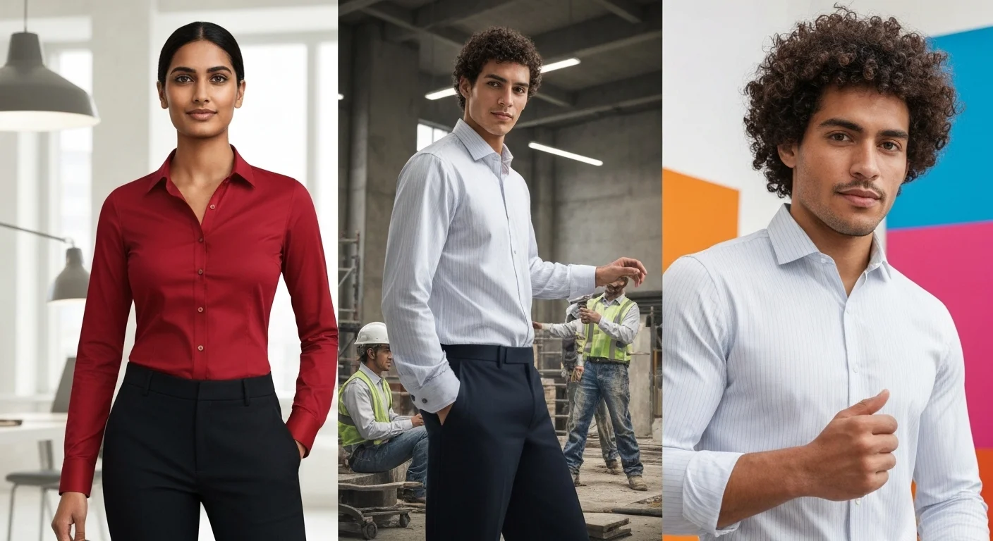 Diverse professionals wearing premium shirts in various settings