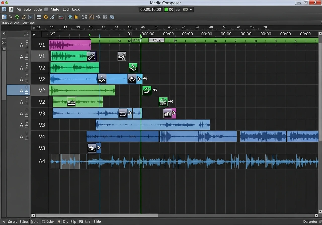Media Composer's timeline interface showing multiple video audio tracks with clips