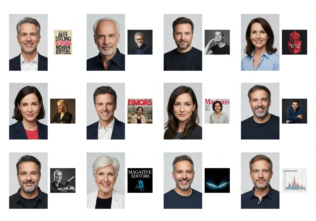 Professional headshots of renowned editors alongside their notable work