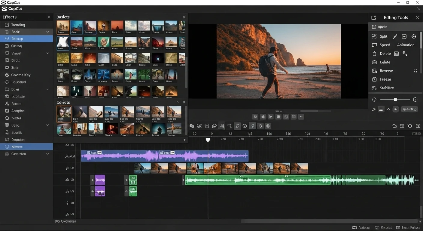 Showing timeline, effects panel, and editing tools