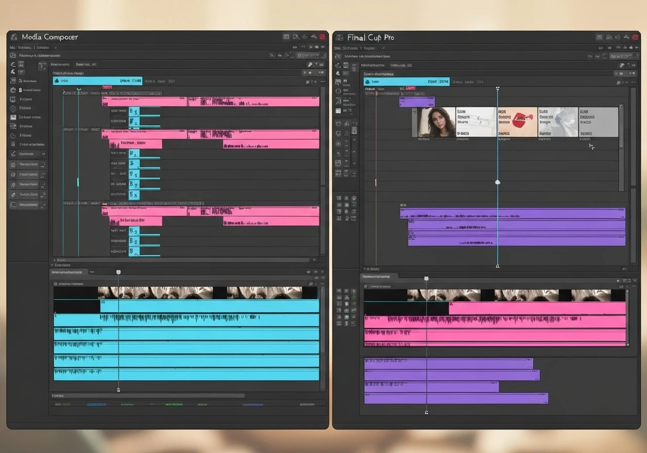 Side-by-side interface comparison showing Media Composer