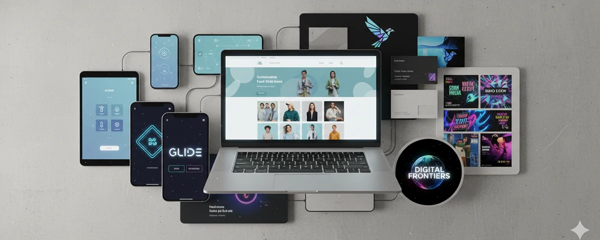 A collage of various digital design projects