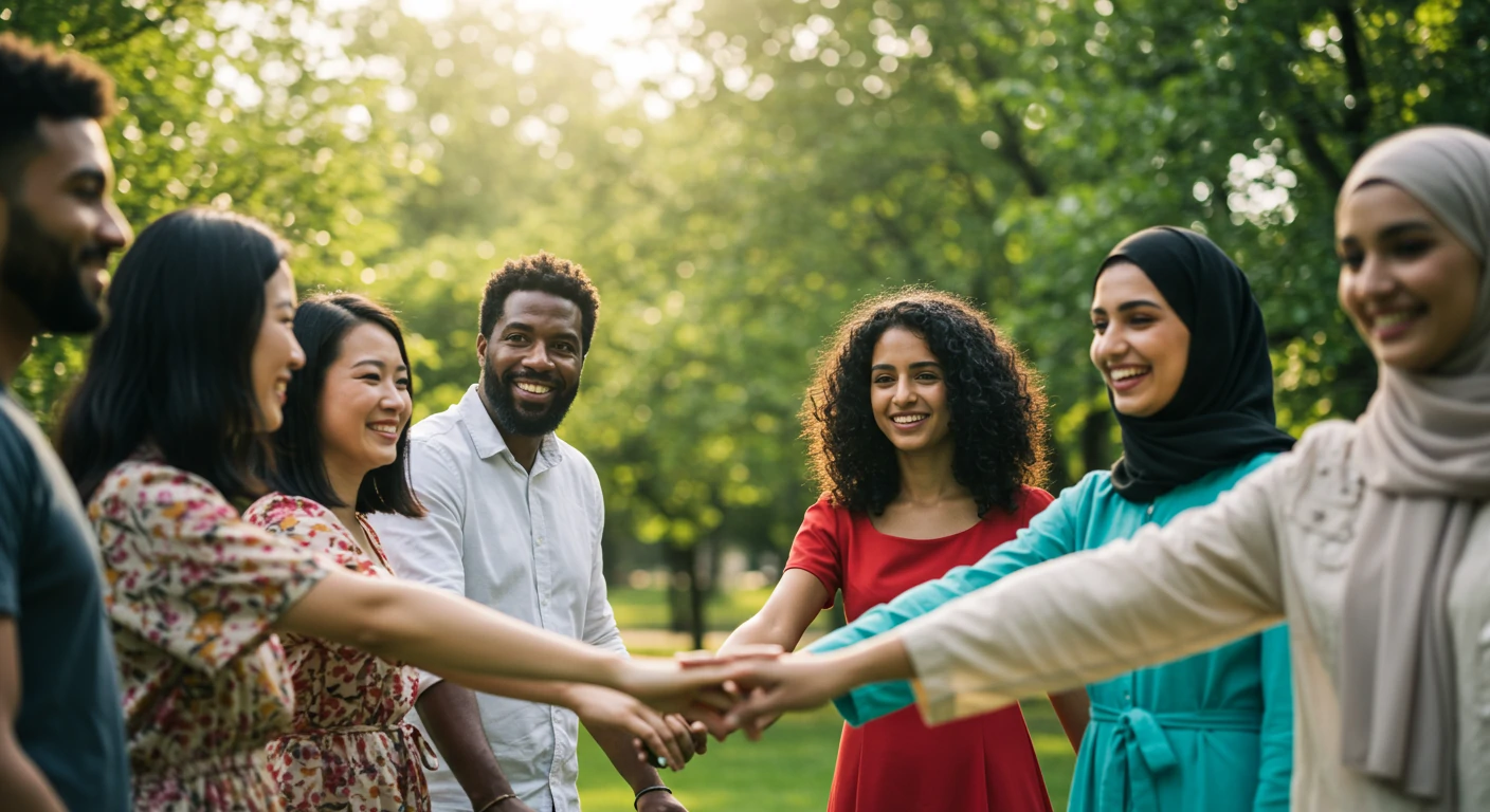 A diverse group of friends holding hands in a circle