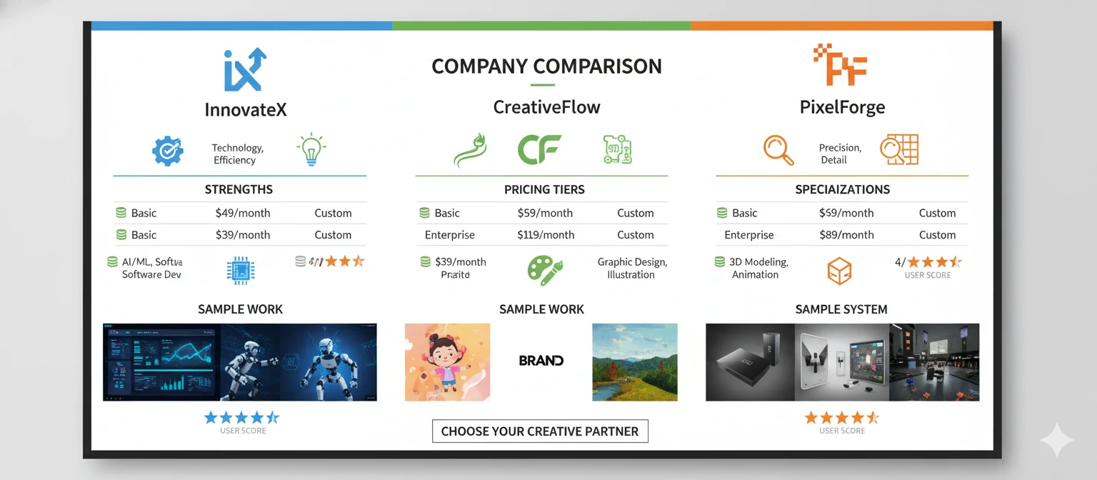 A professional comparative chart or infographic displaying the three companies side-by-side with visual elements