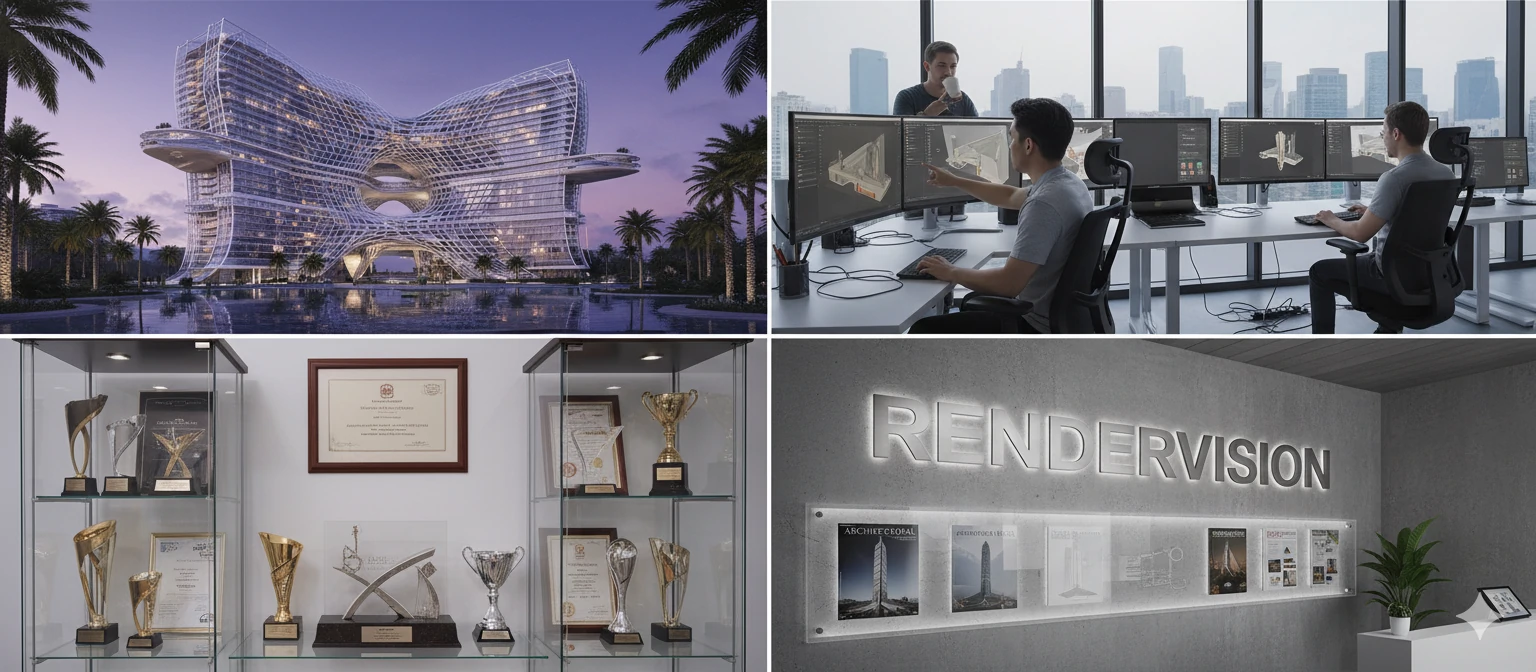 A showcase grid of RenderVision's top architectural projects including the Morpheus Hotel render