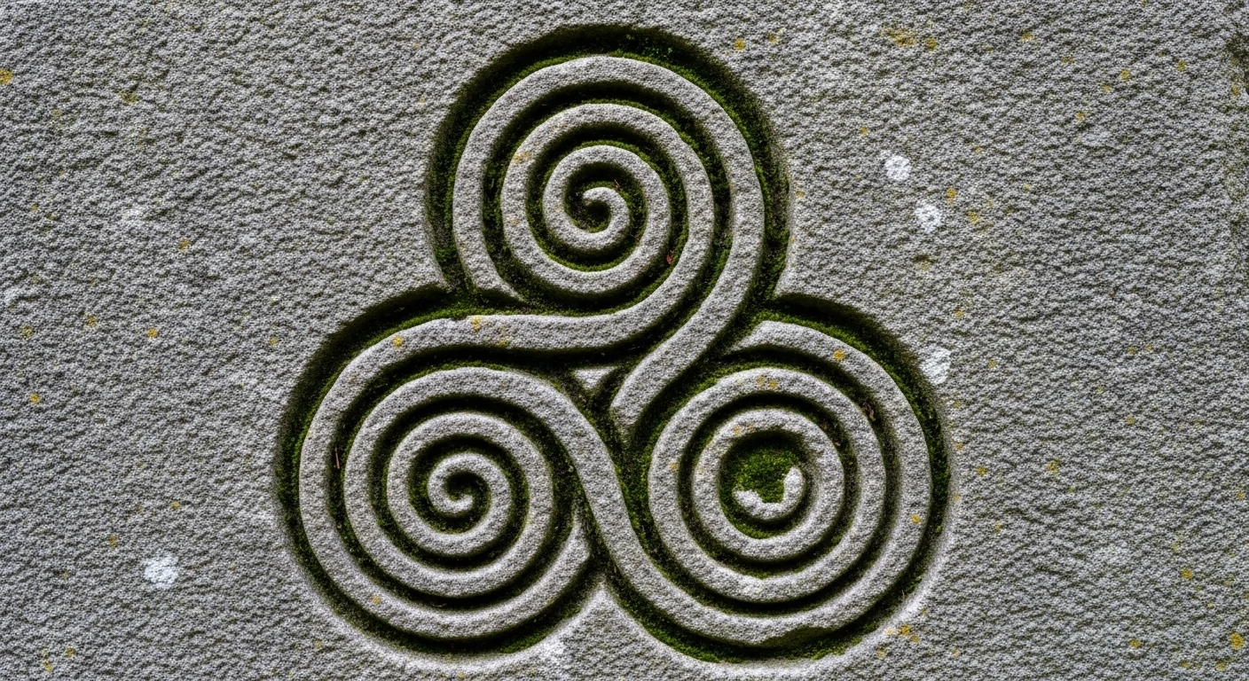A single or triple spiral design, often carved in stone or rendered in metalwork