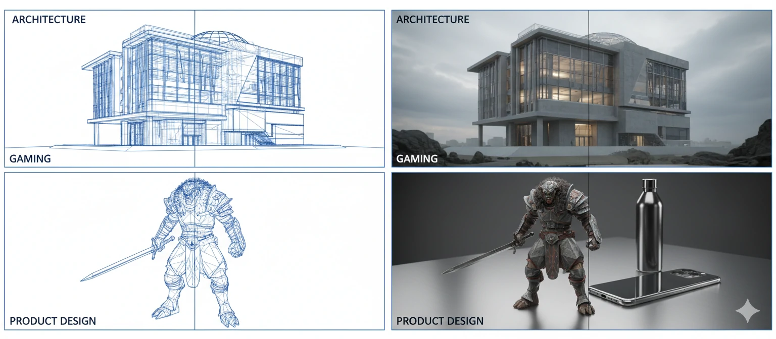 A split-screen showing a 3D wireframe model transforming into a photorealistic render
