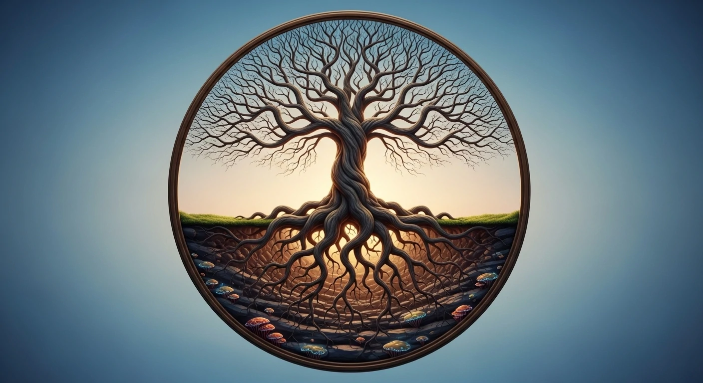 A stylized tree with intricate branches and roots enclosed within a circle, showing the connection between earth and sky.