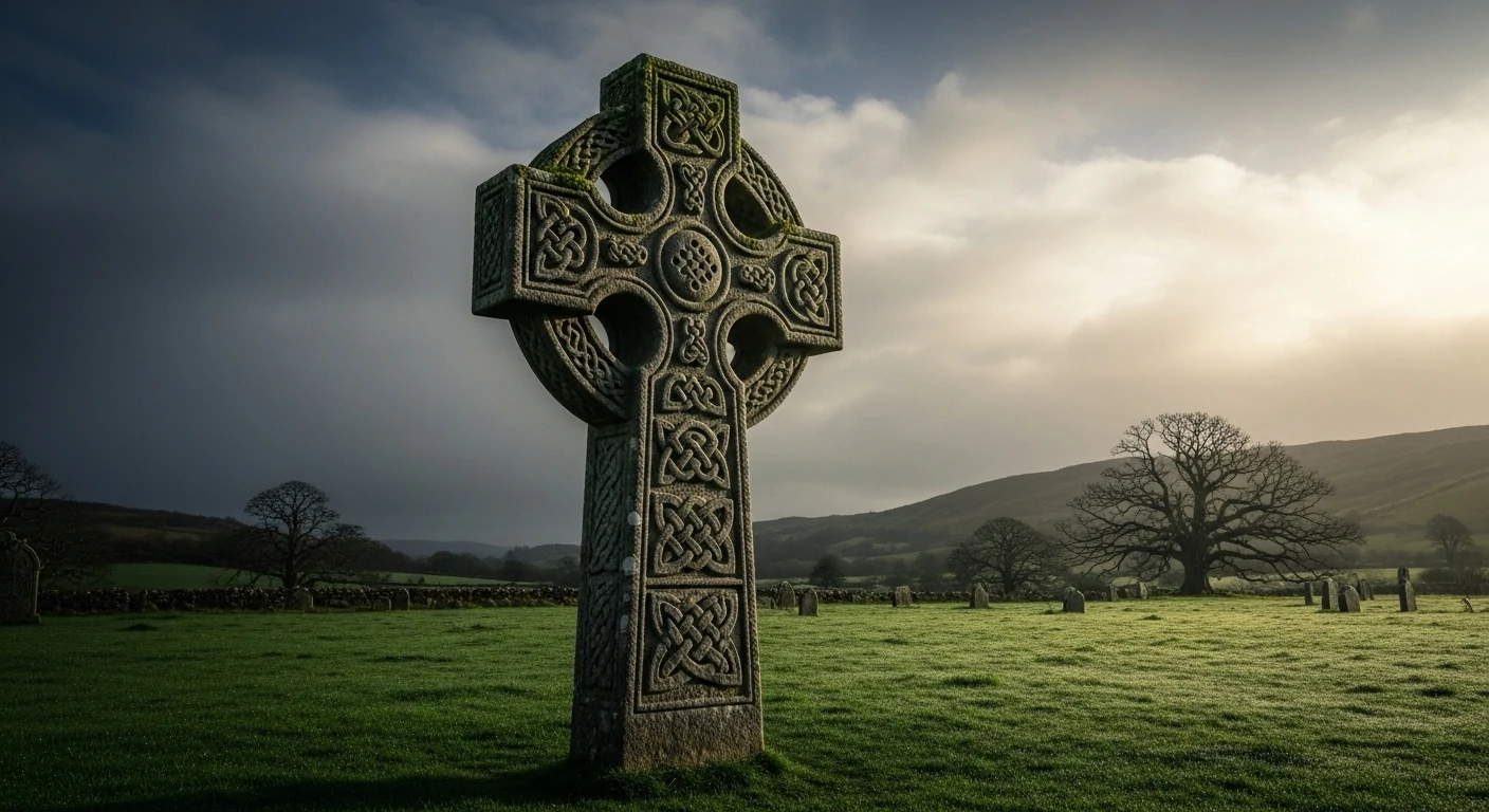 A traditional stone Celtic cross with intricate knotwork patterns and a distinctive ring around the intersection