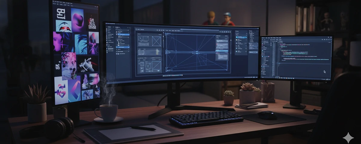 A workspace of a digital designer with multiple screens displaying design work