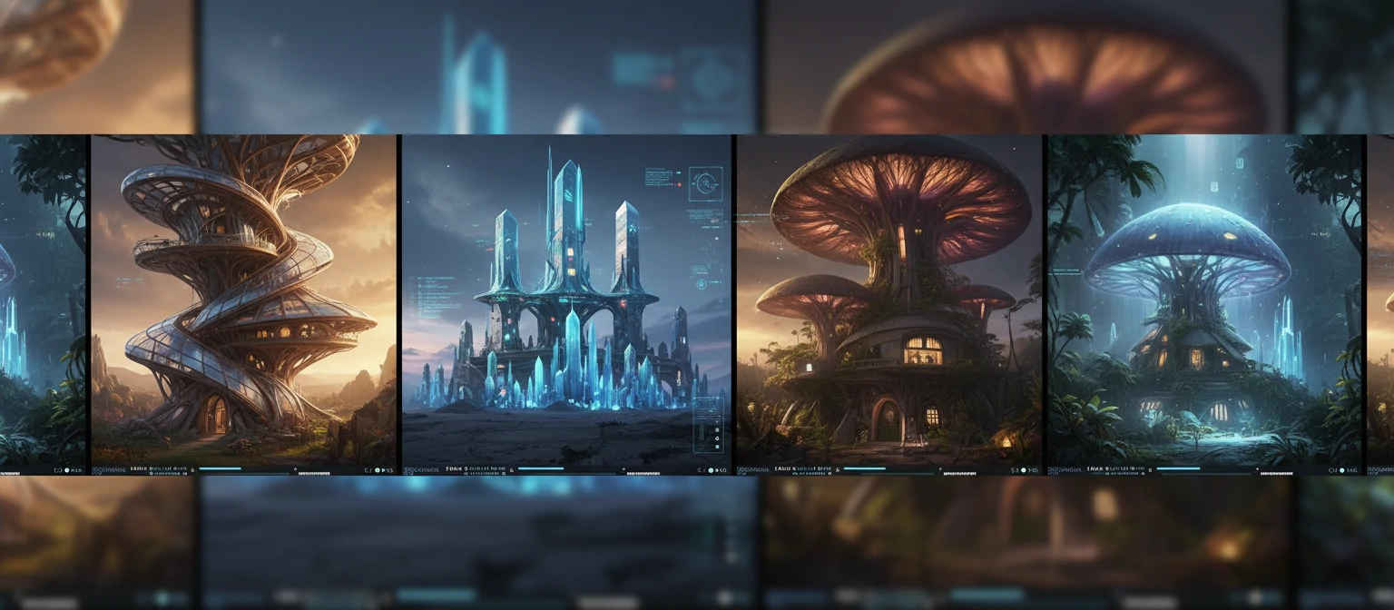 AI-generated architectural variations and real-time rendering examples