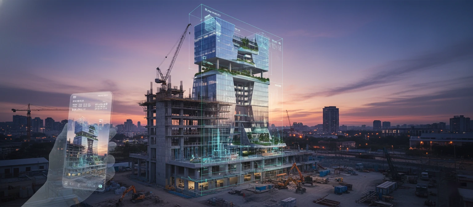 AR application showing building overlay on construction site