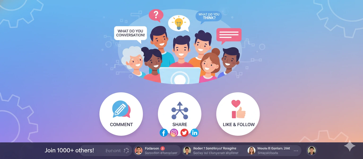 An engaging visual with speech bubbles, social media icons, and community elements