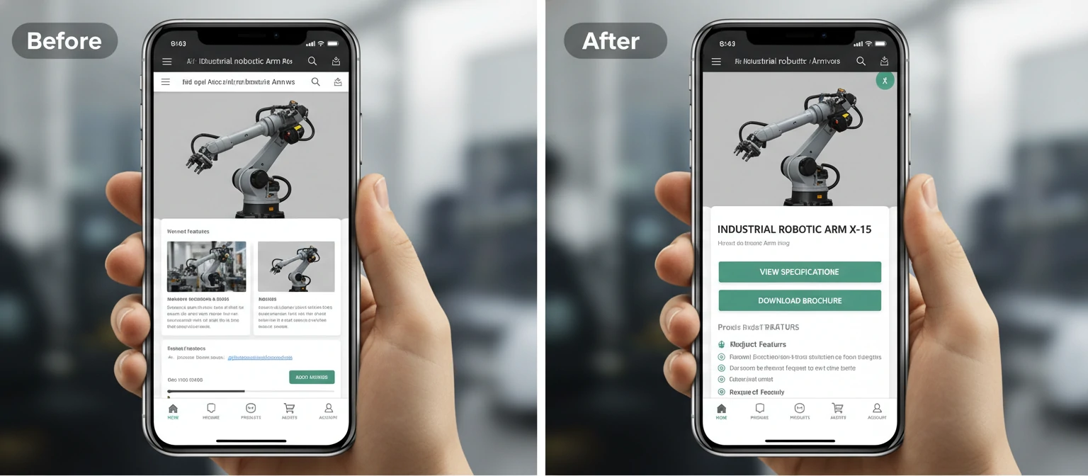 Before-after screenshots showing a manufacturing product page