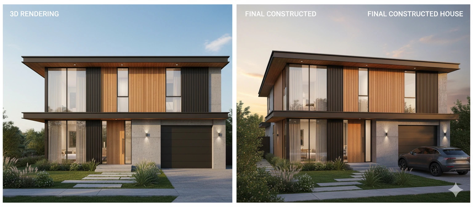 Before-and-after comparison showing 3D rendering alongside final constructed house photograph