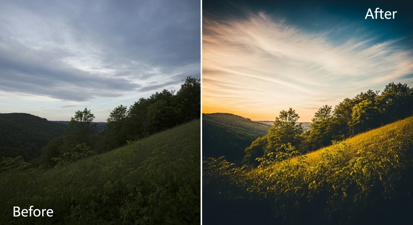 Before and after examples of color grading transformations