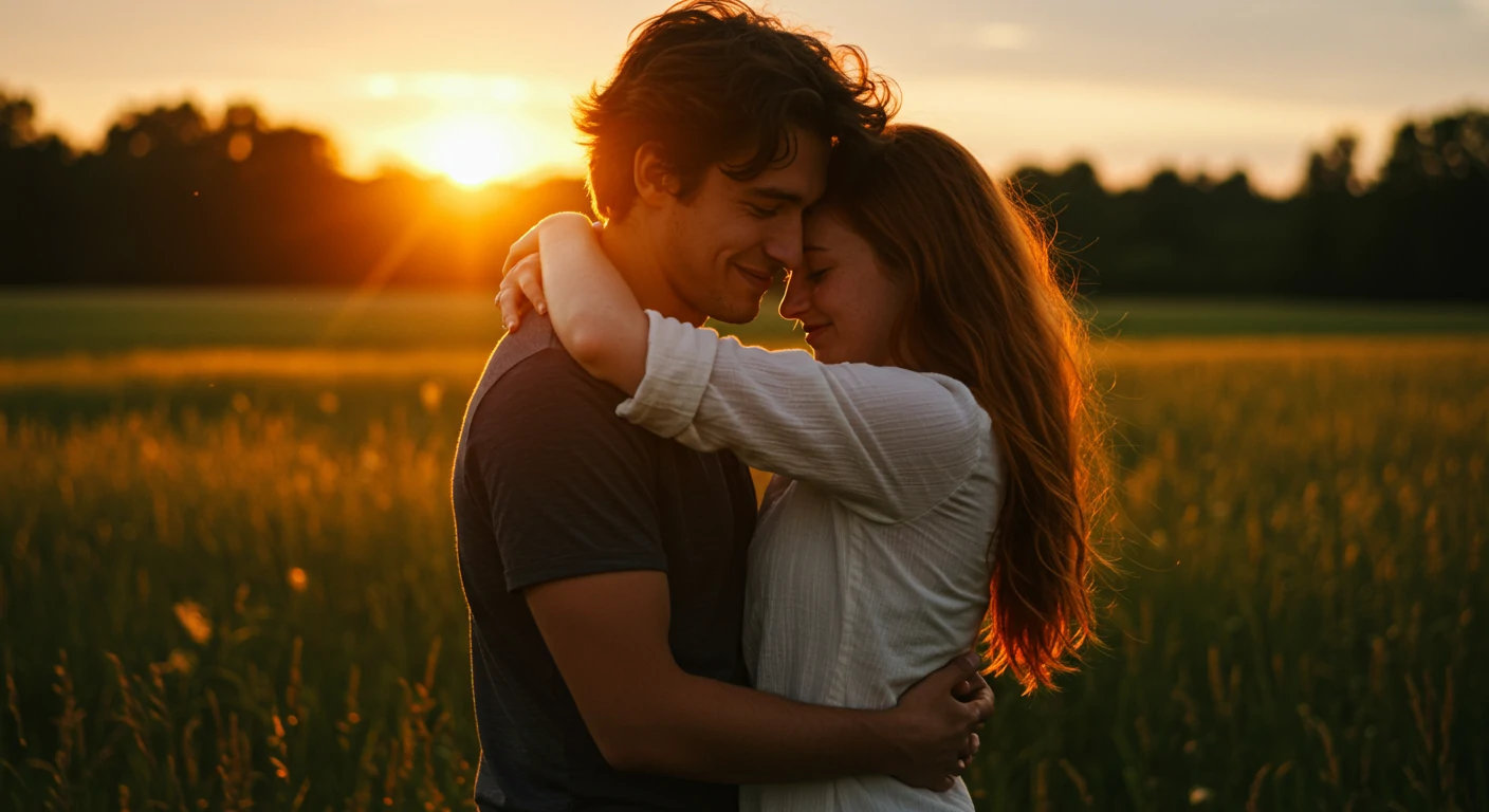 Couple embracing during golden hour