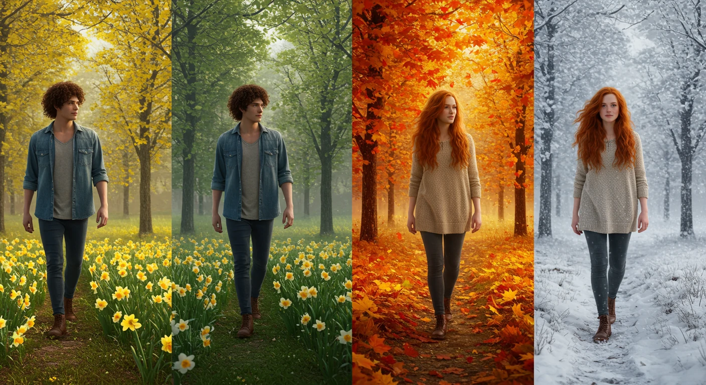 Couple walking hand in hand through different seasons