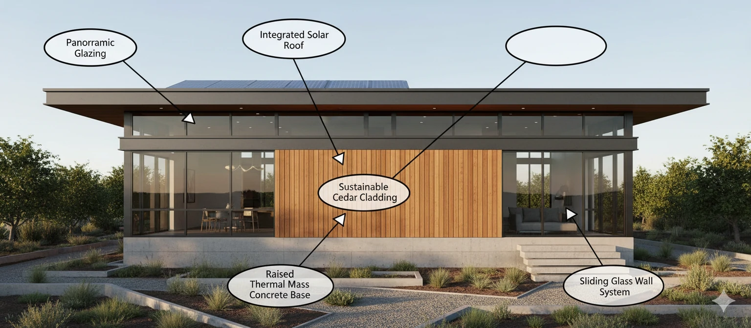Detailed rendered modern house with callout annotations highlighting key design features