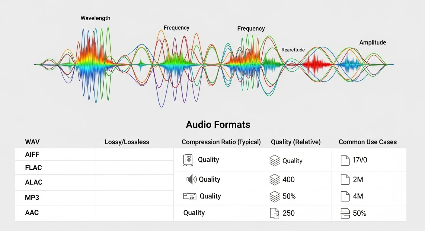 Diagram of sound waves and audio formats comparison chart