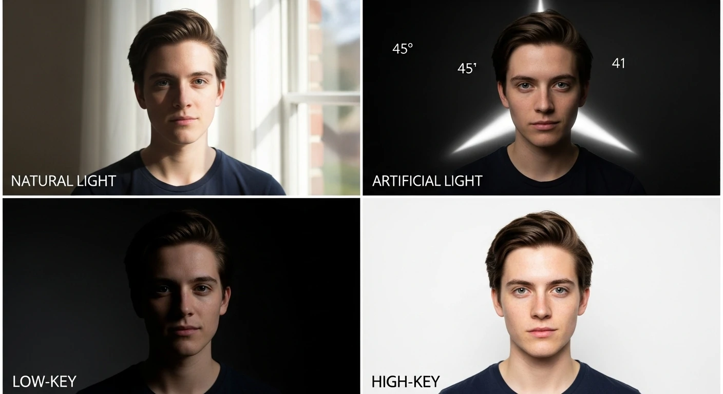 Different lighting setups - natural light, artificial light, low key, high key examples