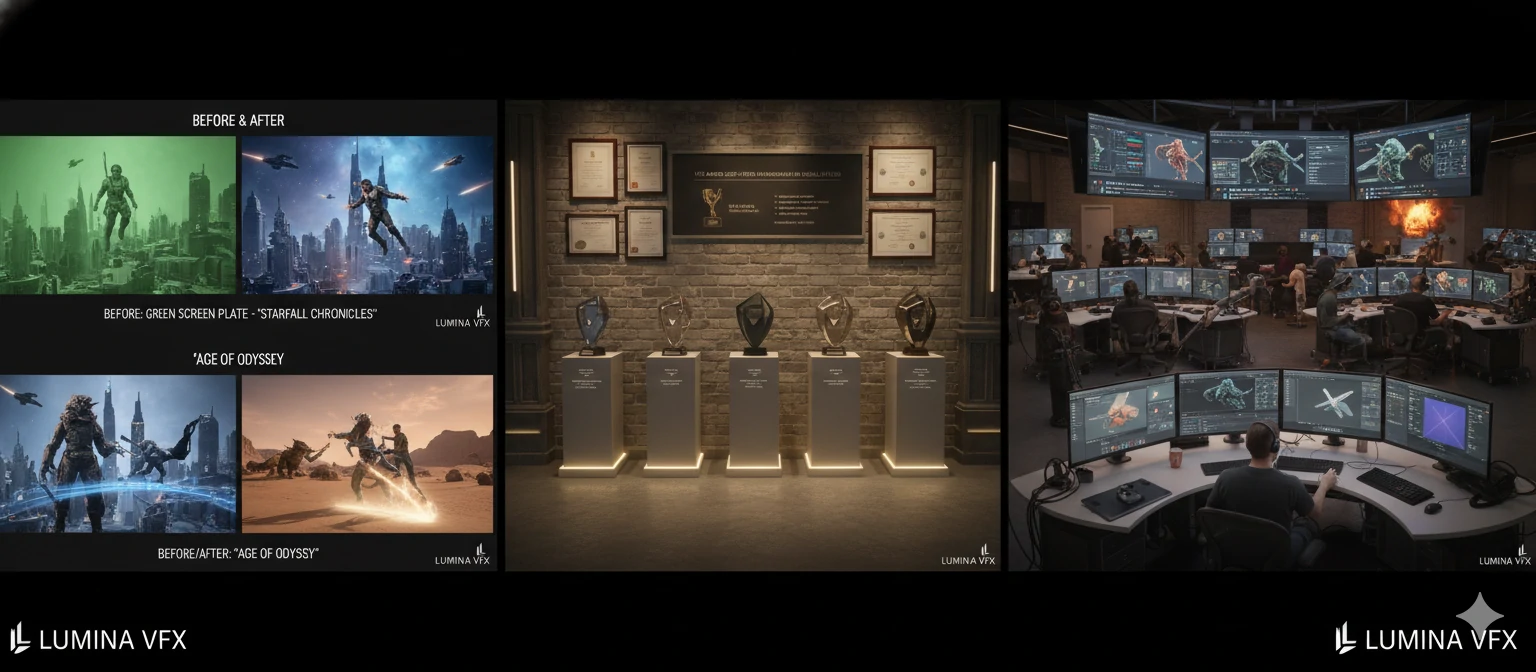 Examples of Lumina's visual effects work including beforeafter shots from major films