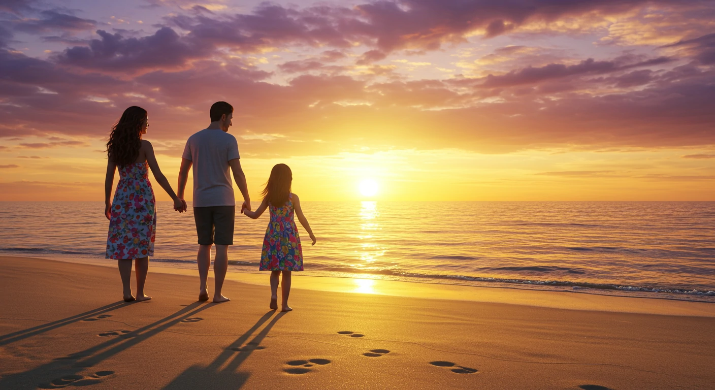 Family walking together on a beach at sunset