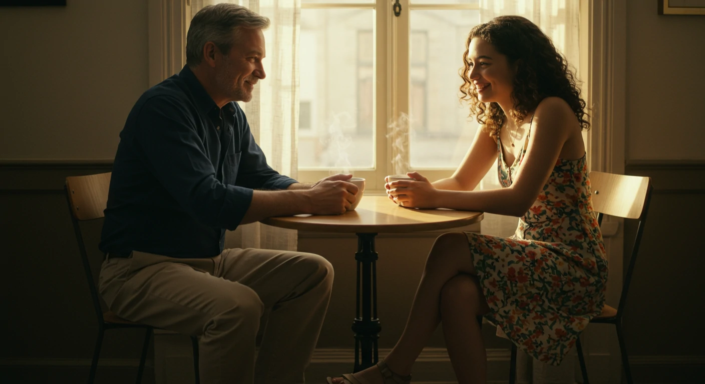 Father and adult child having coffee and conversation