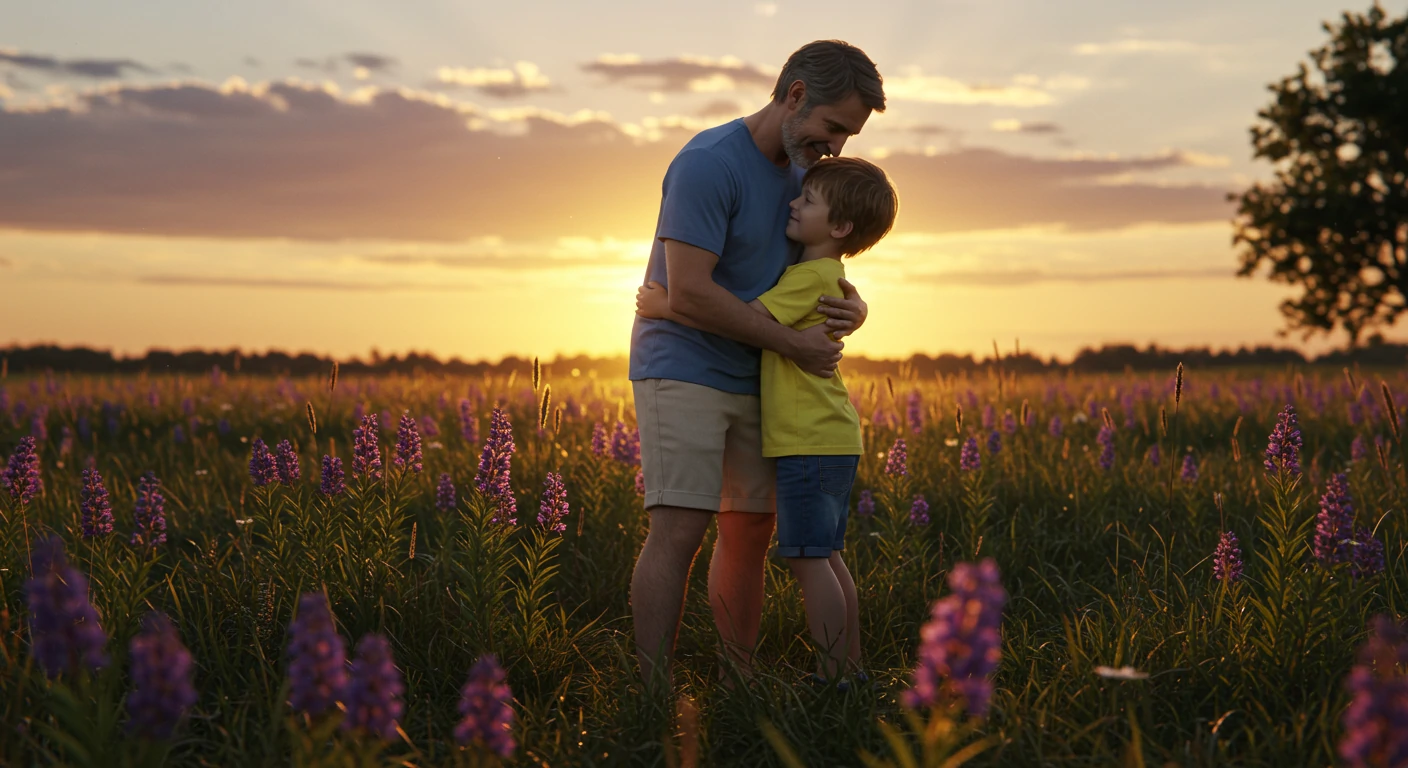 Father and child embracing at sunset