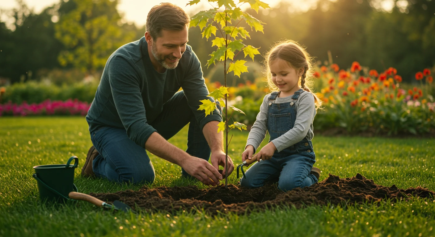 Father and child planting a tree together