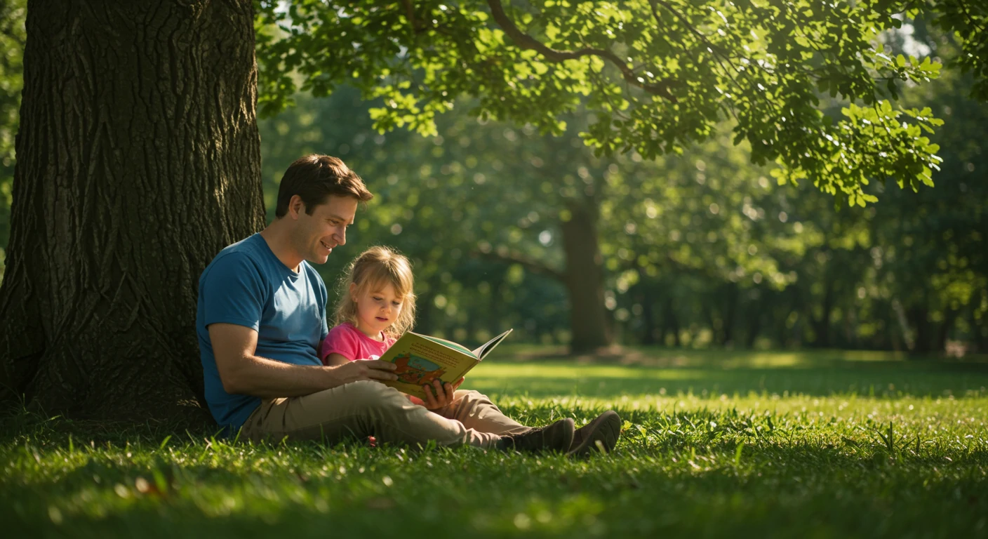 Father and child reading a book together under a tree