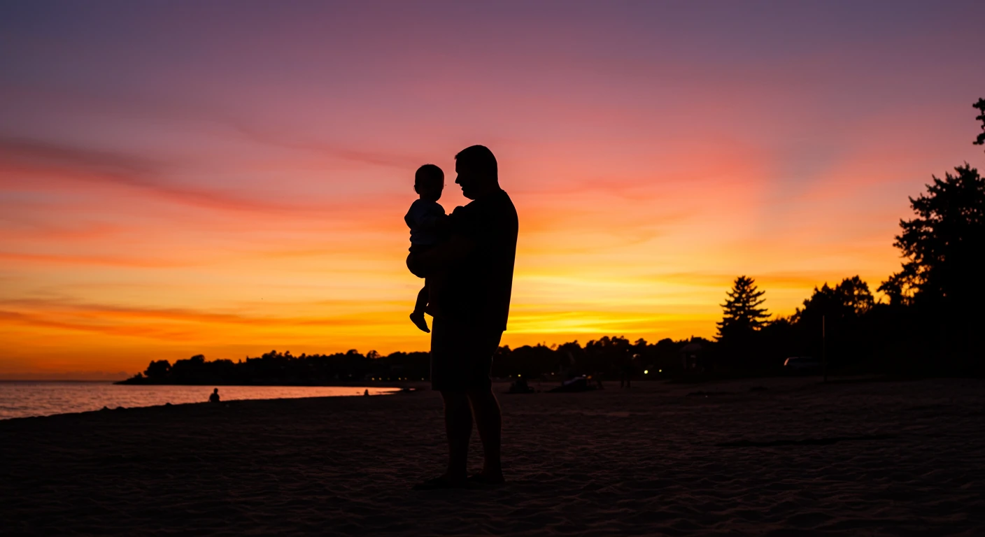 Father and child silhouette at sunset