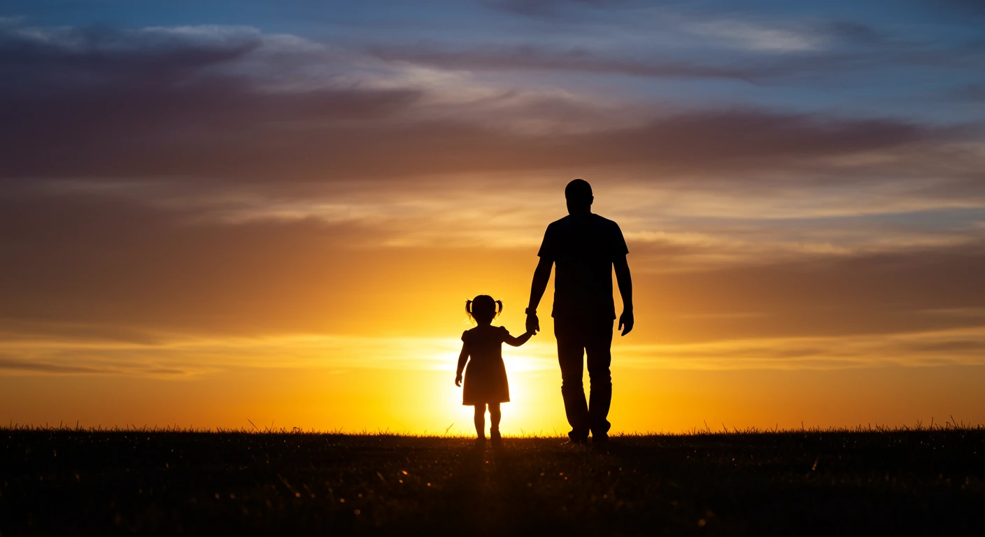 Father and child silhouettes walking into sunset, symbolizing legacy
