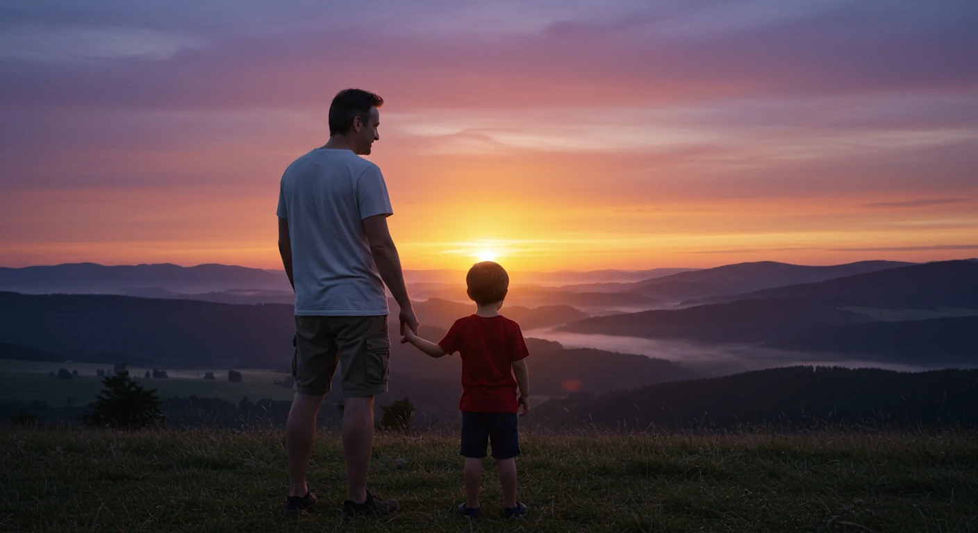 Father and child watching sunrise together