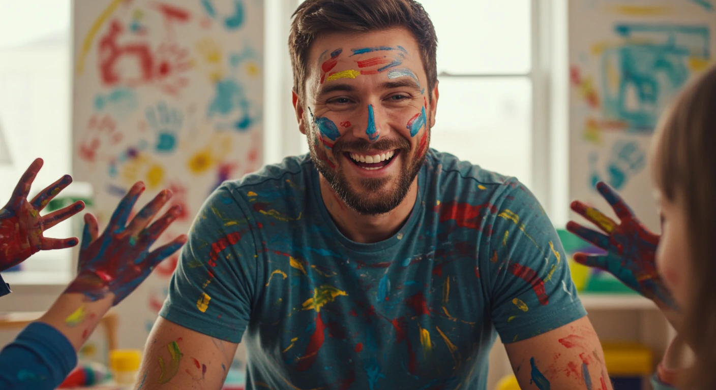 Father covered in finger paint with children's artwork