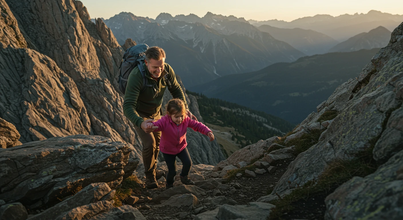 Father helping child climb a mountain