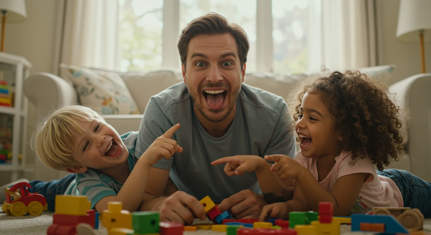 Father making silly faces with children laughing