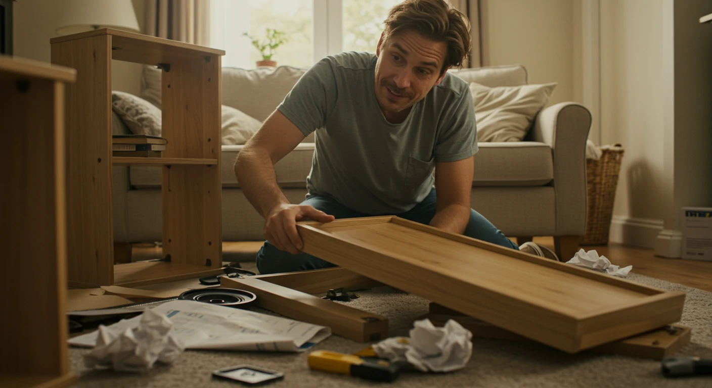 Father struggling to assemble furniture with instruction manual
