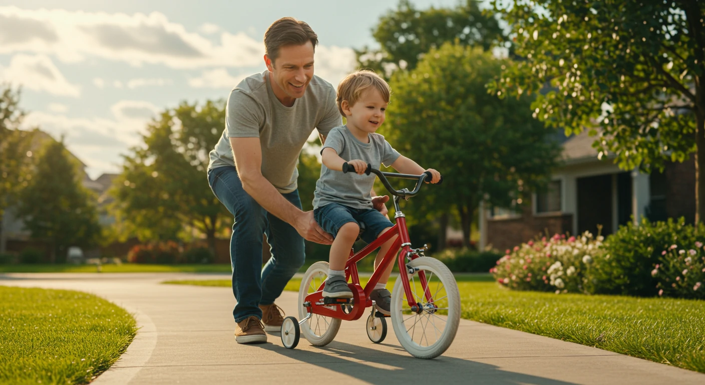 Father teaching child to ride a bicycle