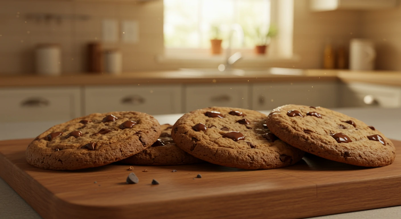Freshly baked chocolate chip cookies with a warm, cozy kitchen background