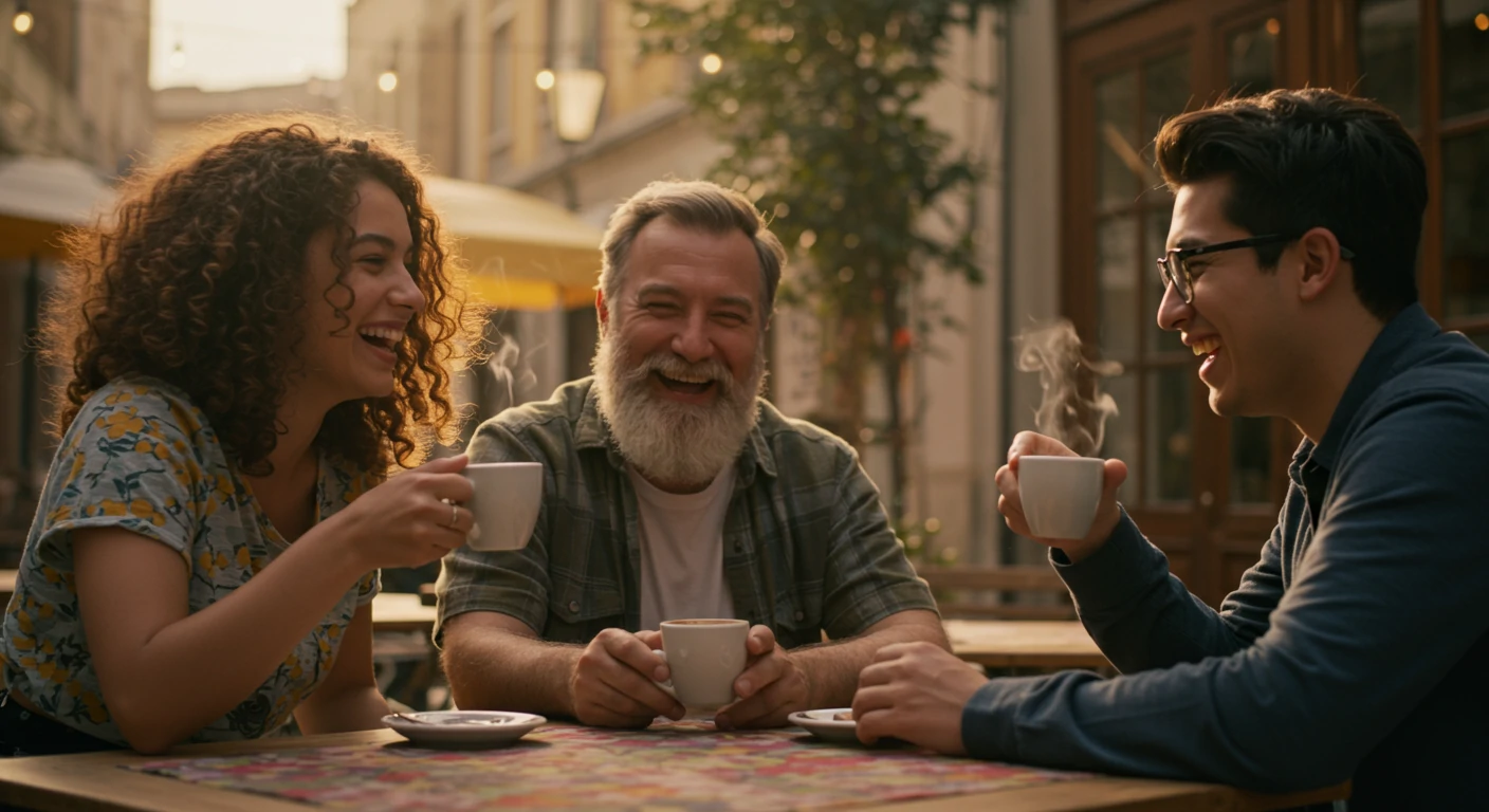 Friends having coffee and laughing together