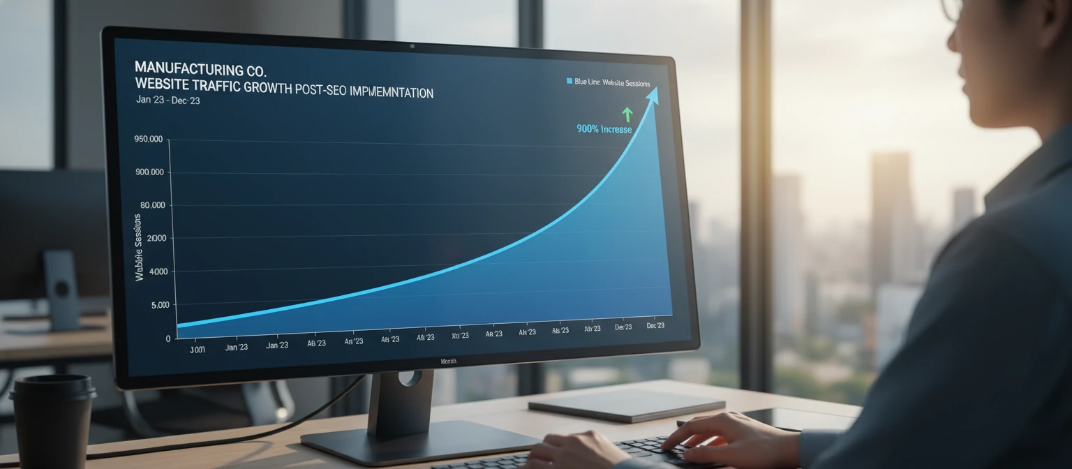 Graph showing website traffic growth over 12 months for a manufacturing company