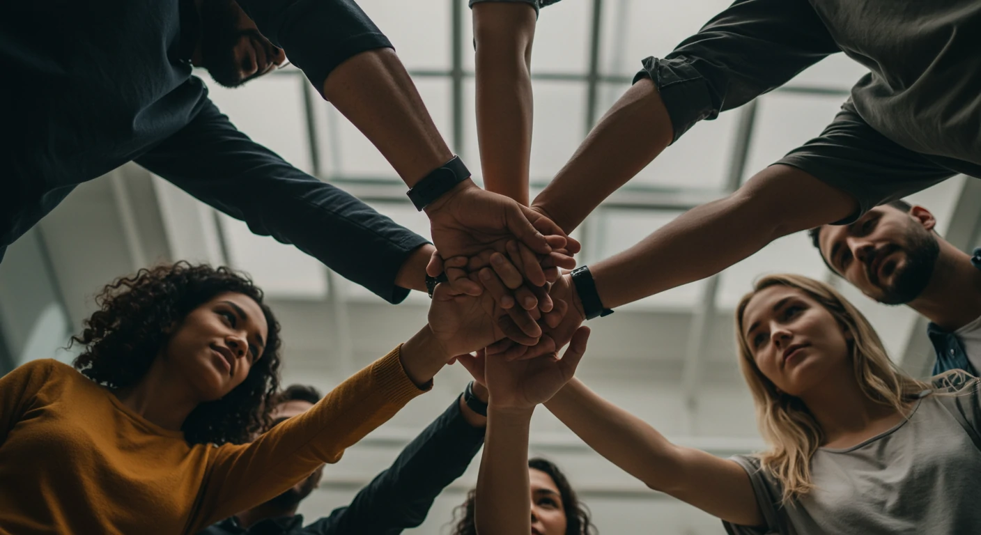 Hands coming together in team huddle