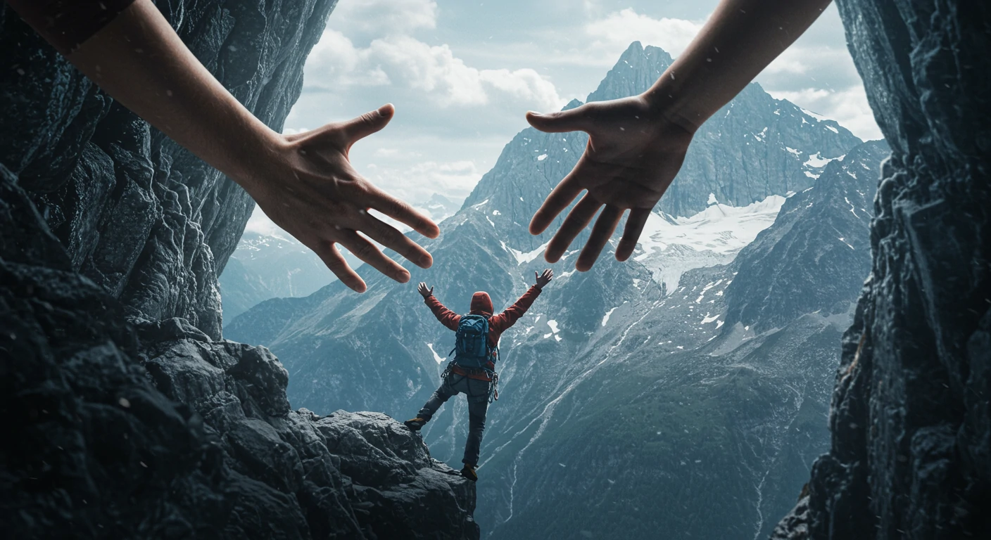 Hands reaching out to help someone climb a mountain