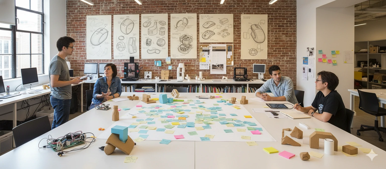 IDEO's collaborative workspace with colorful sticky notes and prototypes