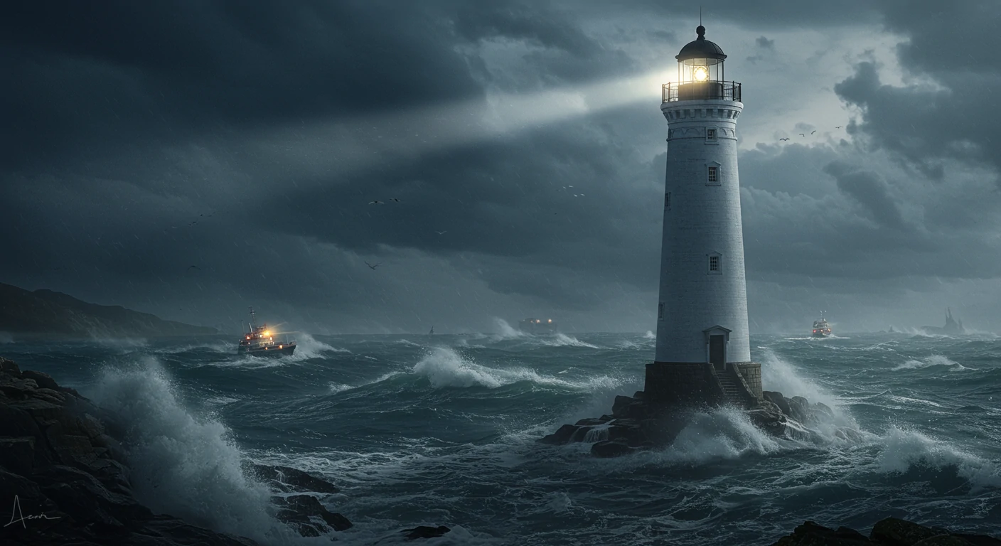 Lighthouse guiding ships through stormy seas