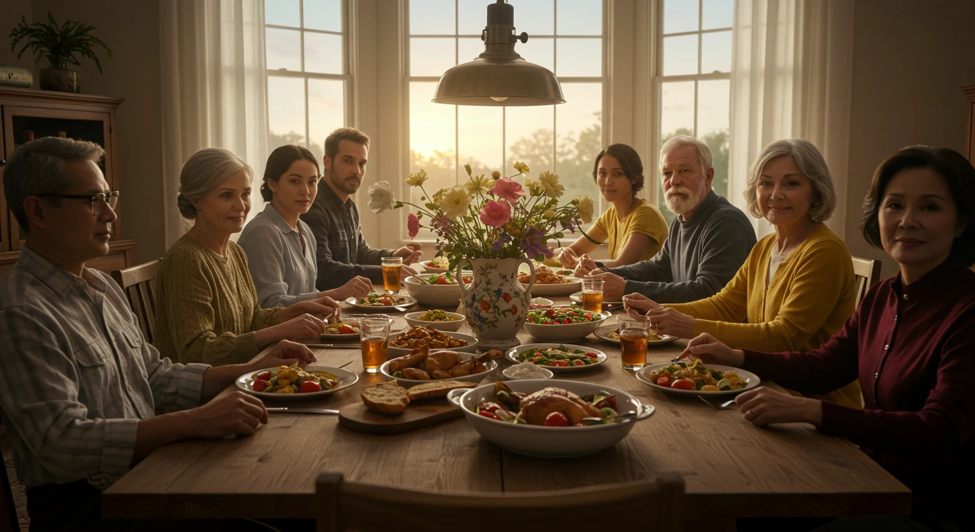 Multi-generational family gathering around dinner table