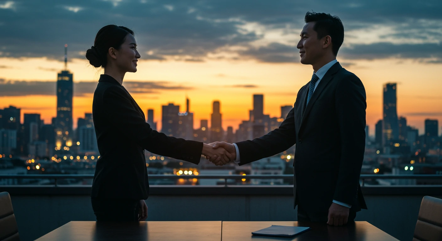 Professional handshake with city skyline background