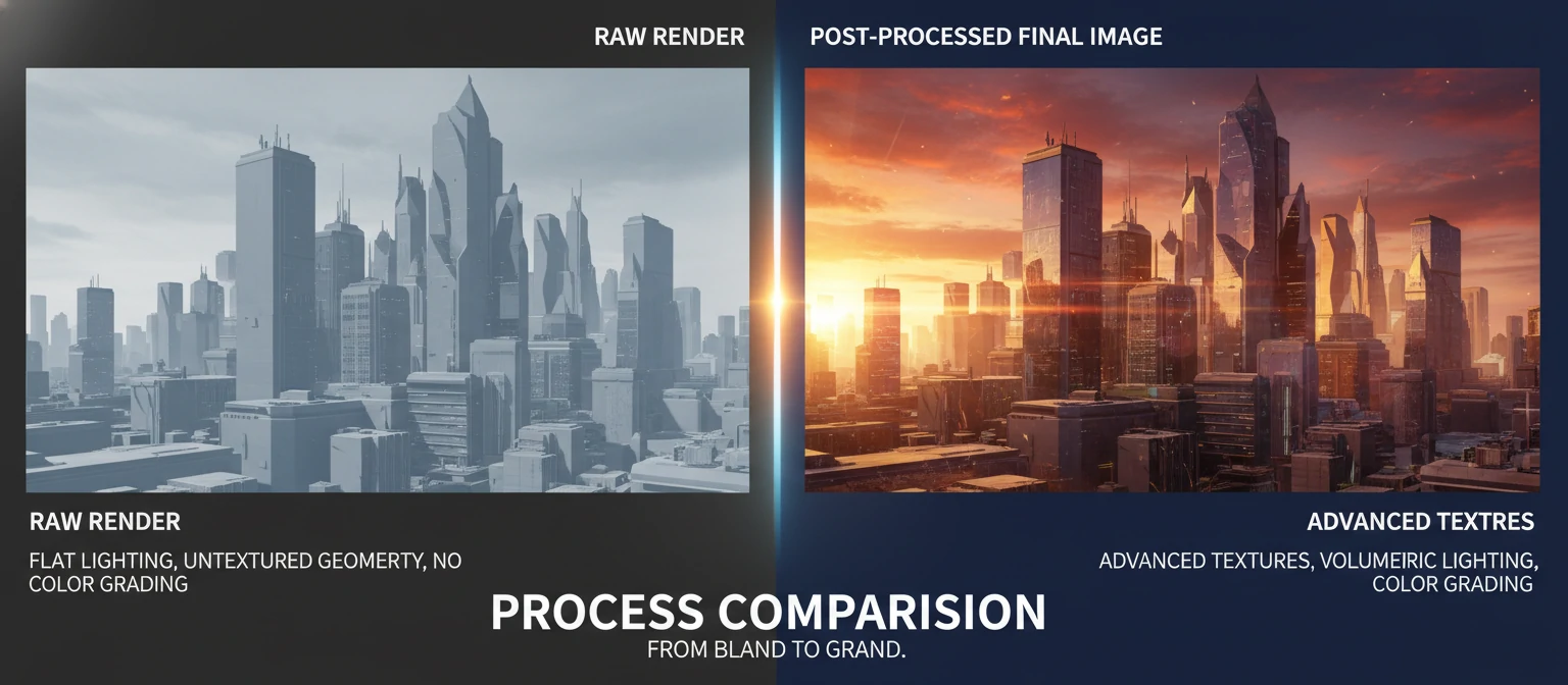 Raw render vs. post-processed final image